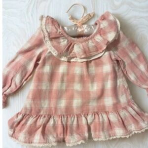 Shabby Chic Pink Plaid 18month baby dress long sleeve cotton ruffle hemline